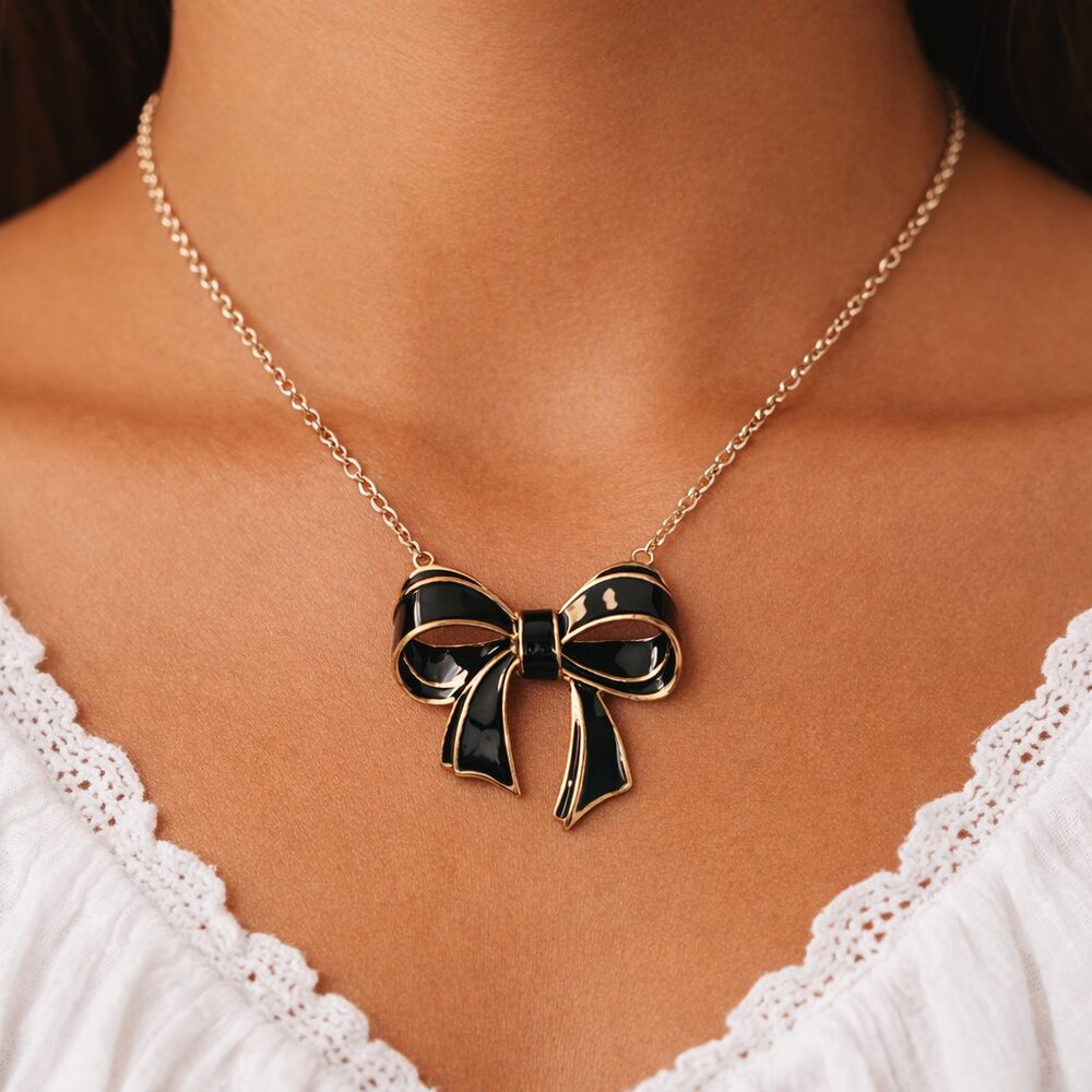 Vintage Bow Necklace Black Gold Coquette Art Deco Cocktail Statement Jewelry